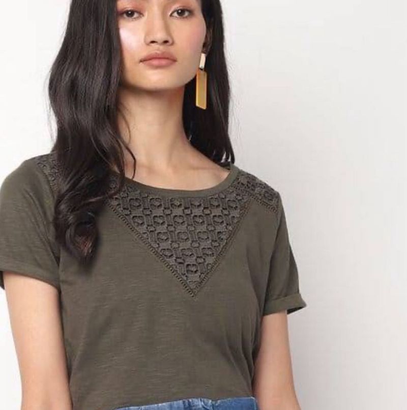Olive Green Lace Trim T-Shirt