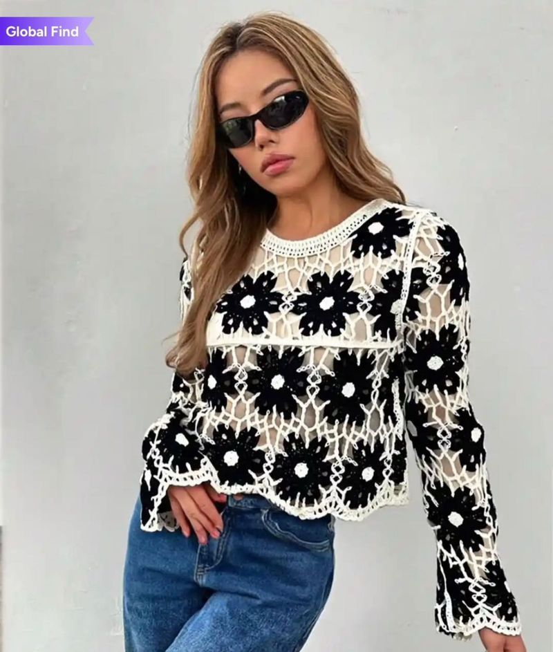 women crochet floral round neck long sleeve crop t