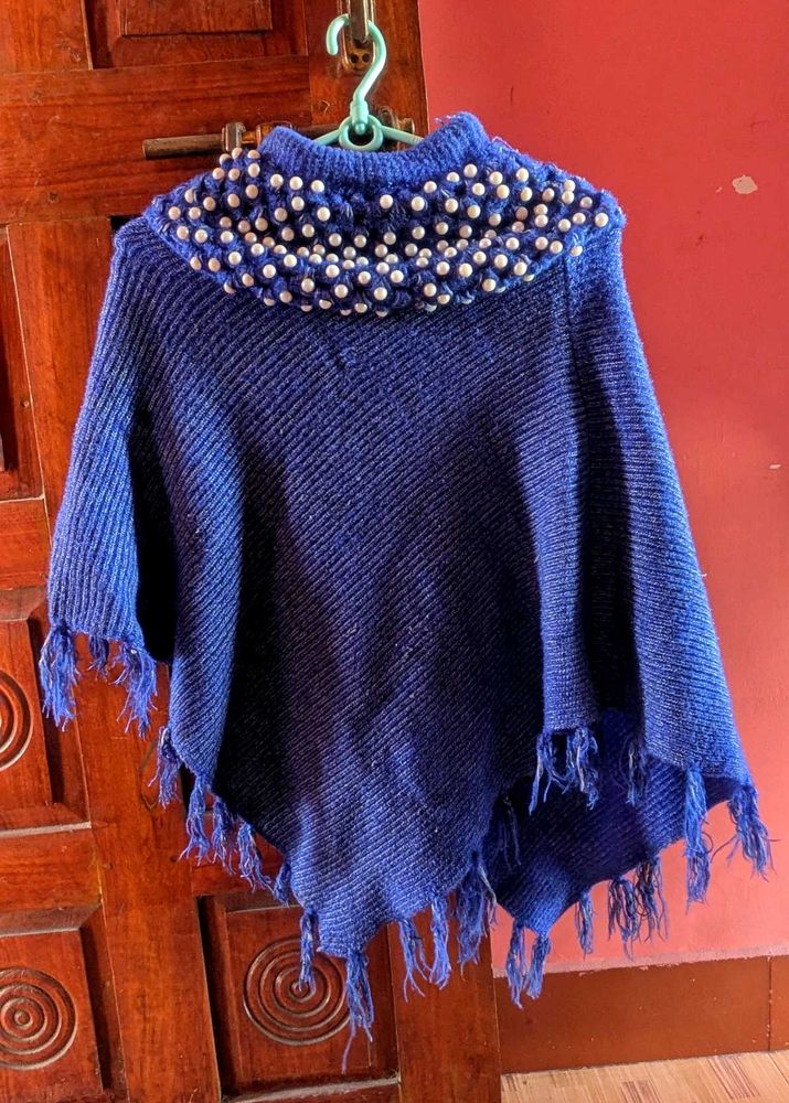 Blue Knit Poncho with Pearls