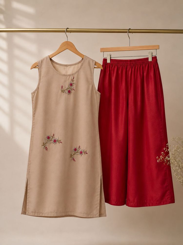 Embroidered Kurta with Red Bottom