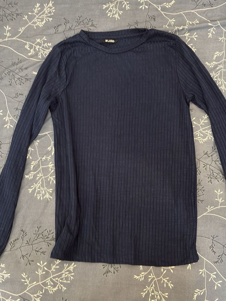 Navy Blue Ribbed Long Sleeve Top
