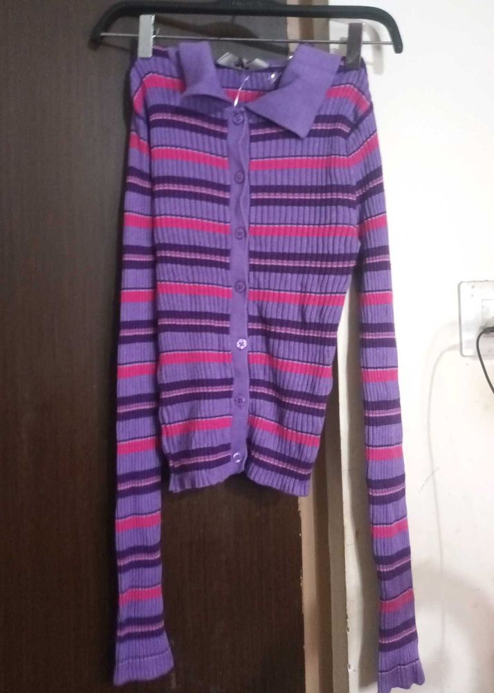 Striped Collared Cardigan Top