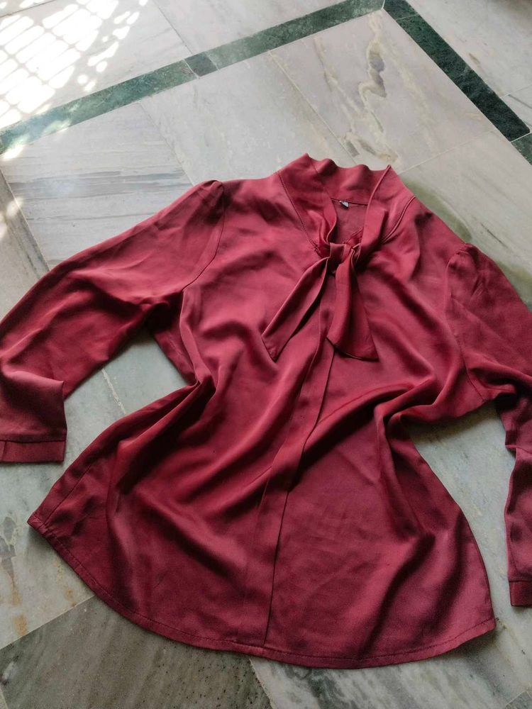 Chic Maroon Satin Top with Bow