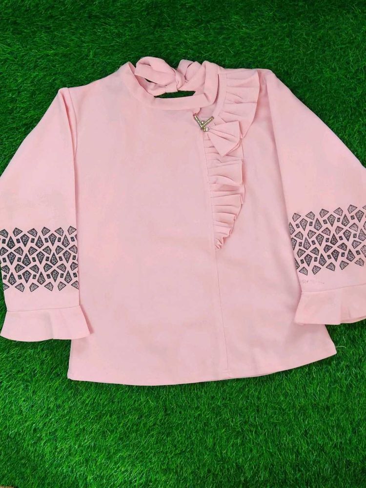 Pink Ruffle top with Embellished Sleeves