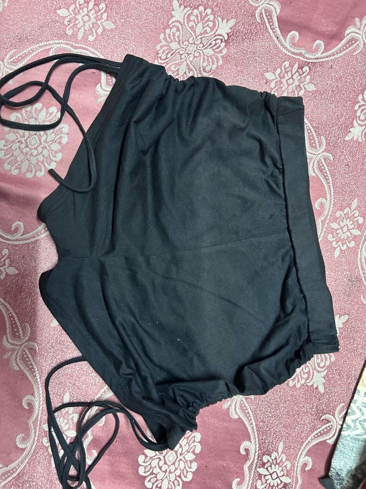 Black Ruched Mini Skirt with Tie Detail