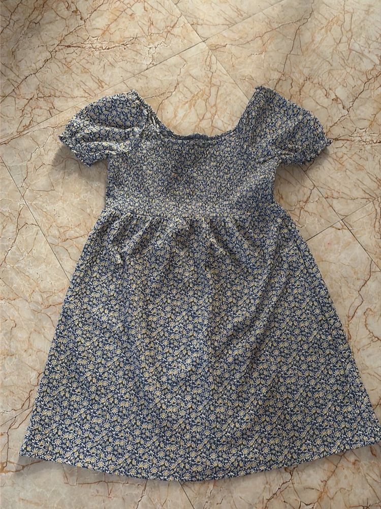 Blue Floral Smocked Puff Sleeve Dress