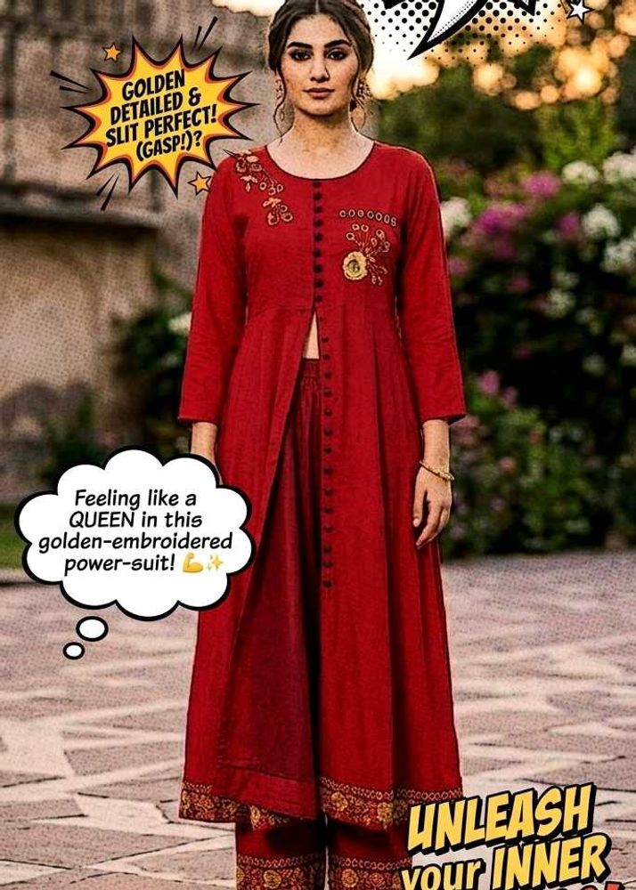 Red Kurta n plazo set with Golden Embroidery