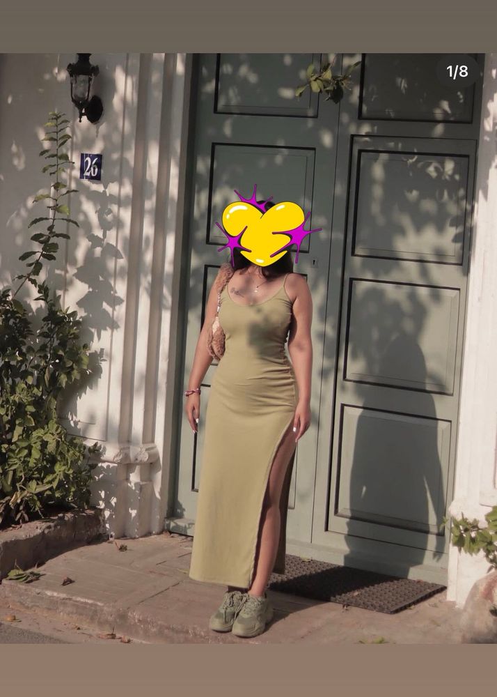 Olive Green Maxi Dress with High Slit