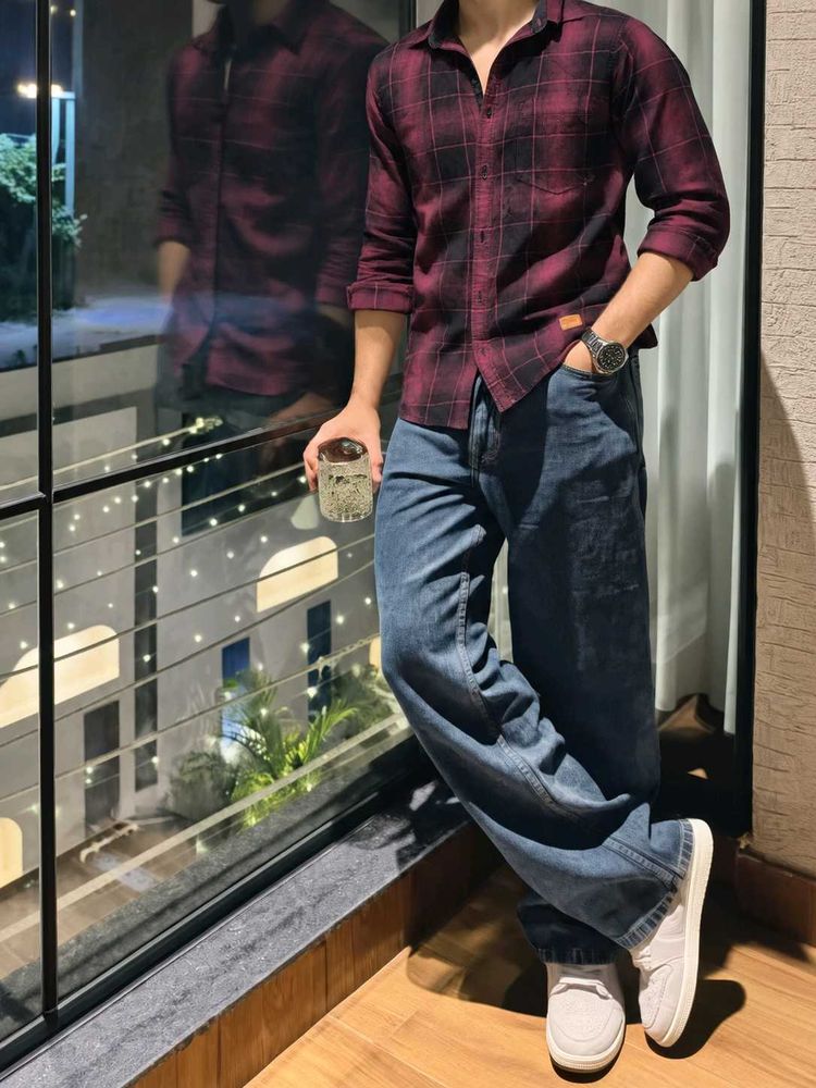 Men's Maroon Plaid Long Sleeve Shirt