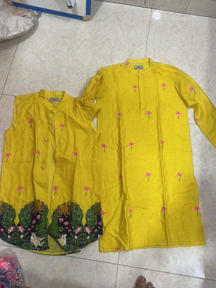 kids Yellow Kurta Set with Floral Print