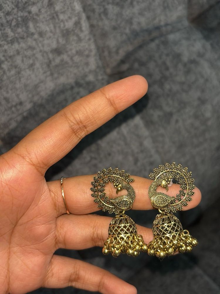 Antique Gold Peacock Jhumka Earrings