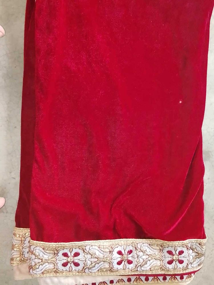 Elegant Red Velvet Saree with Embellishments