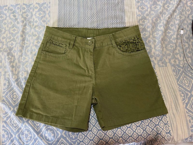 Olive Green Lace Trim Shorts
