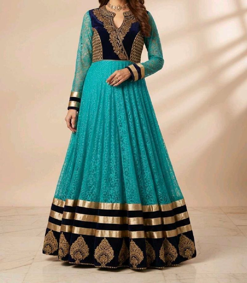 Teal &amp; Gold Embellished Anarkali Dress