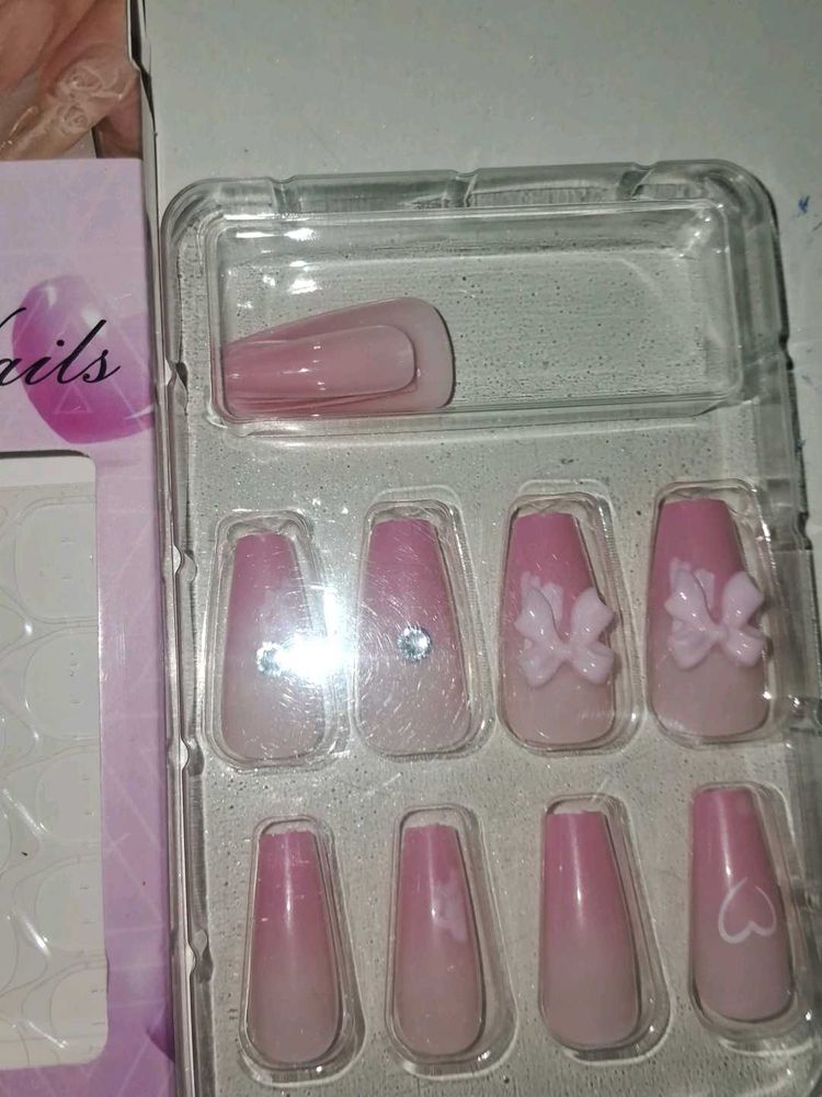 Press-On Nails - Pink Ombre with Gems &amp; Flowers