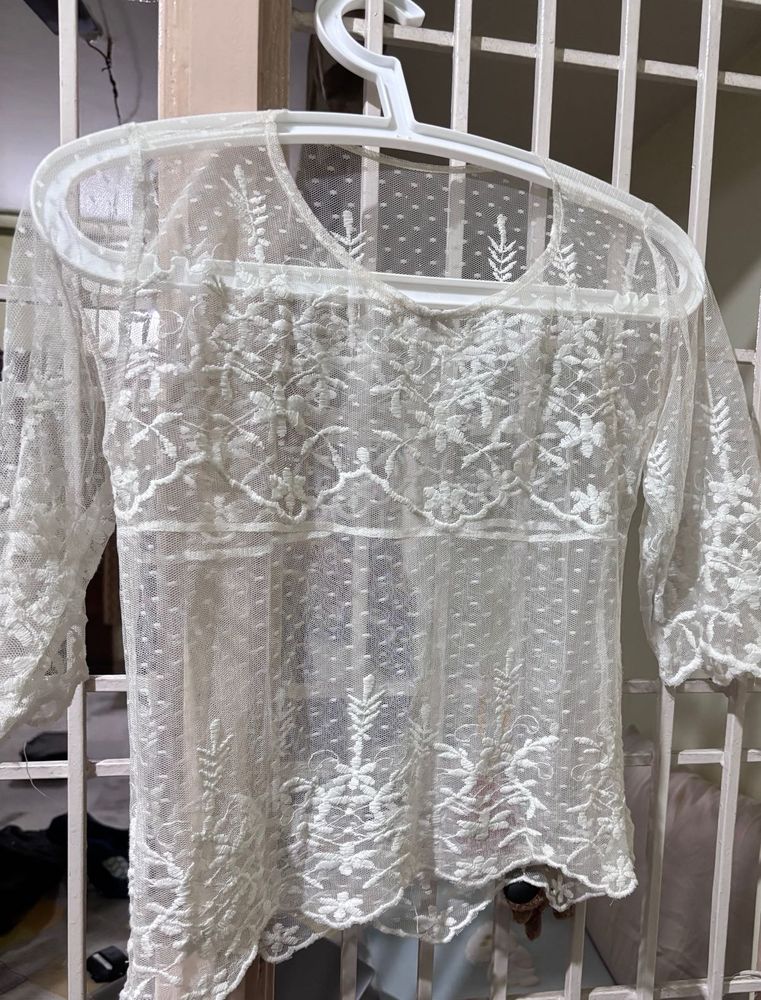 Embroidered Mesh Top
