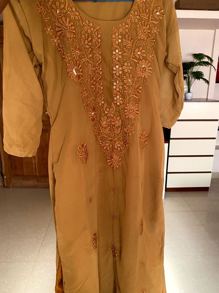 chikankari Kurta with Mirror Work -rustic brown