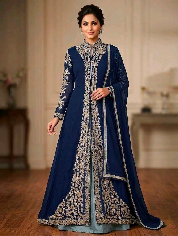 👑 Royal Blue Front-Slit Long Anarkali Suit Set.