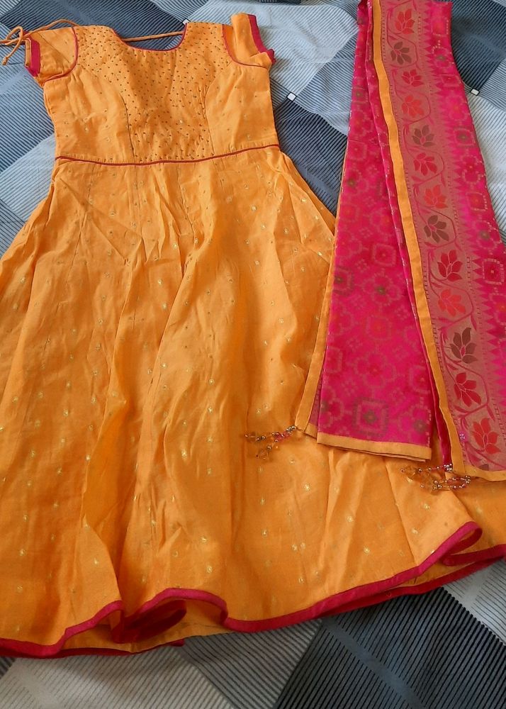 Silk Suit With Brocade Dupatta With Tassels For Little Girls