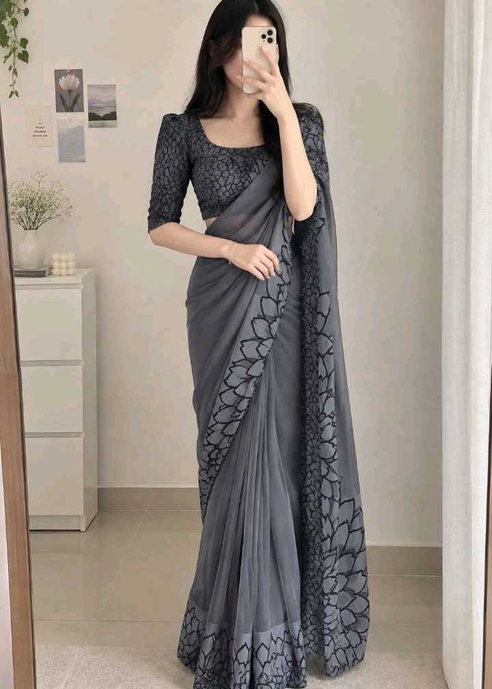 Elegant Grey Floral Saree