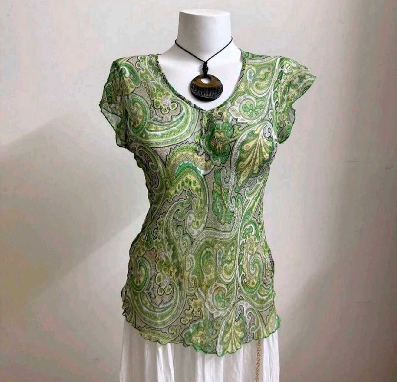 y2k vintage Green Paisley Printed Sheer Top Boho🔥