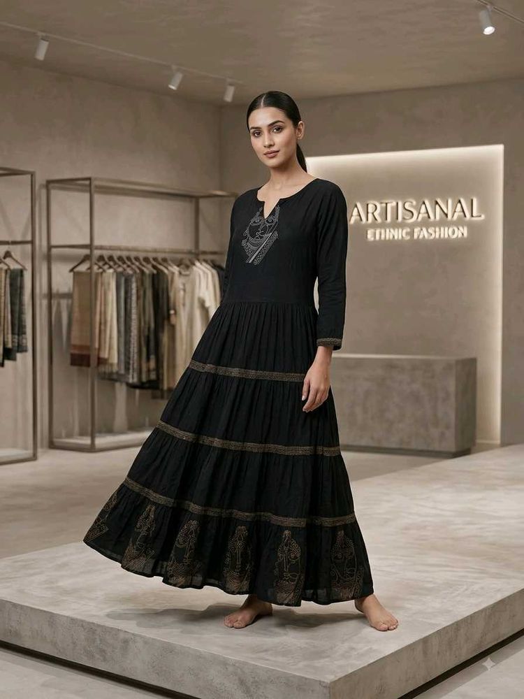Elegant Tiered Black Maxi with Tribal Prints