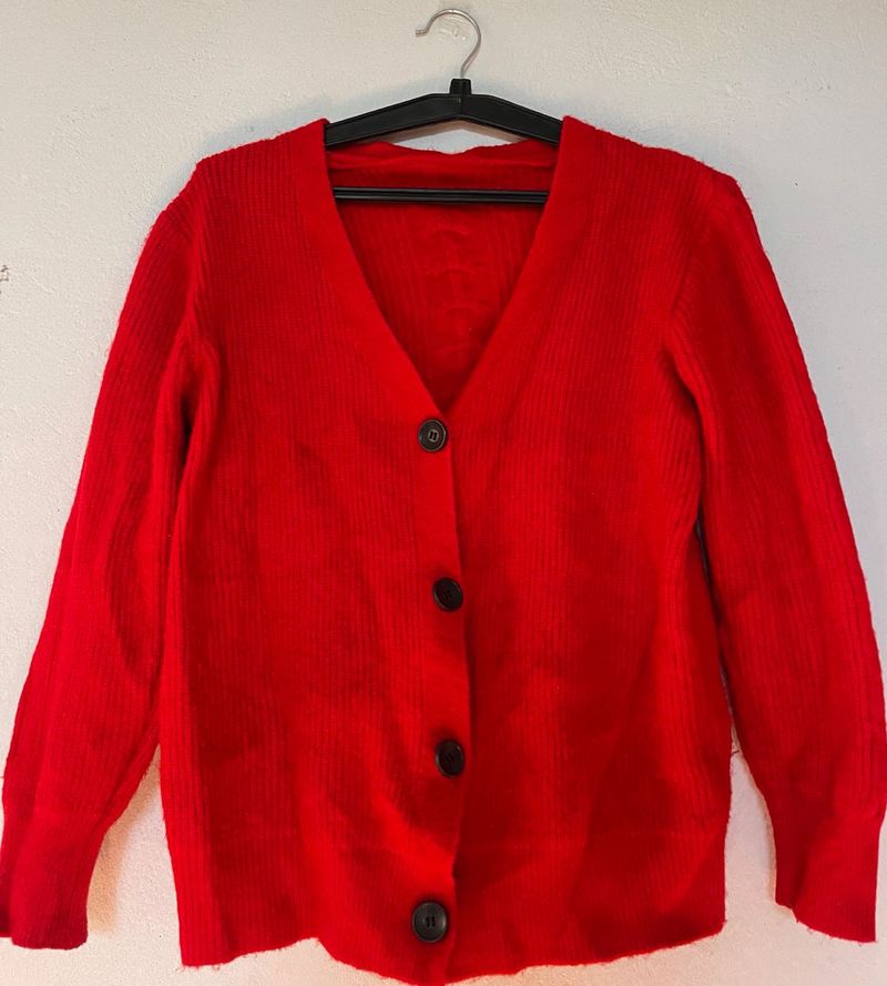 Red V-Neck Button-Up Cardigan
