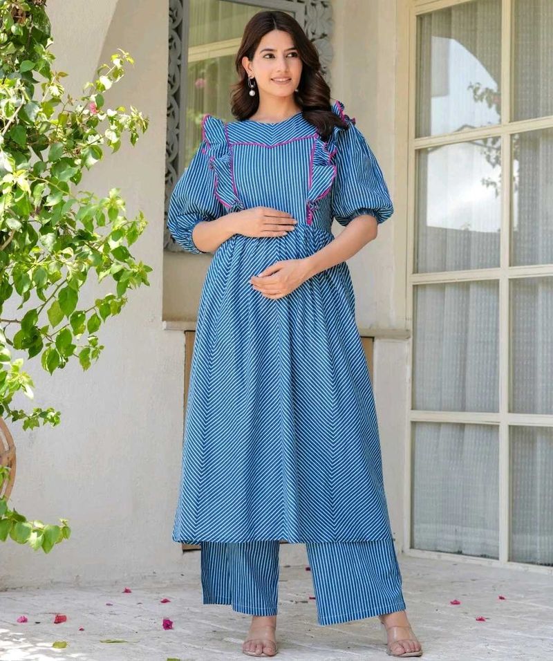 Indigo Maternity Feeding Flare Kurta Set