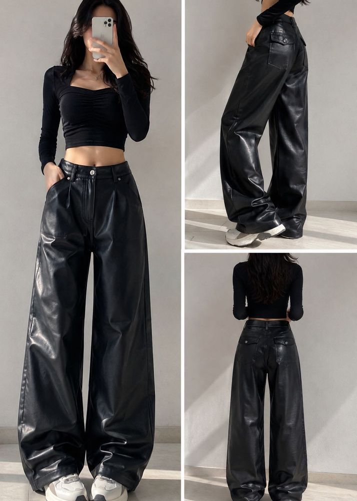Black Faux Leather Wide Leg Pants