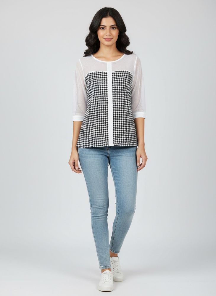 Houndstooth Print Top with Mesh Detail