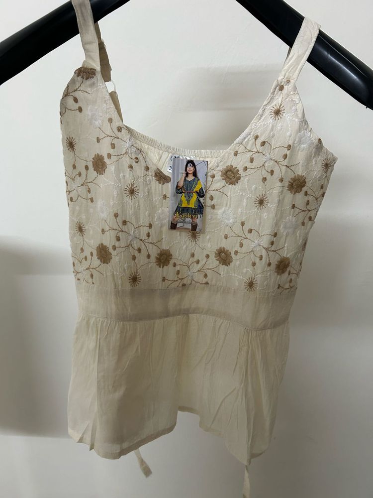 Embroidered Cream Cotton Camisole Top