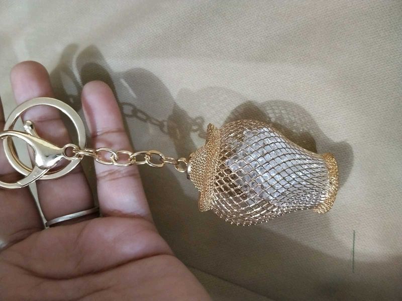 Gold Mesh Keychain with Crystal Accent