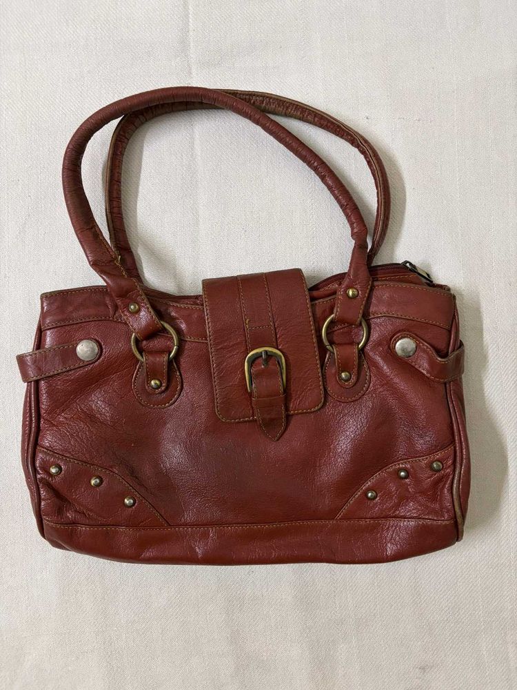 Brown Leather Shoulder Bag with Buckle Detail