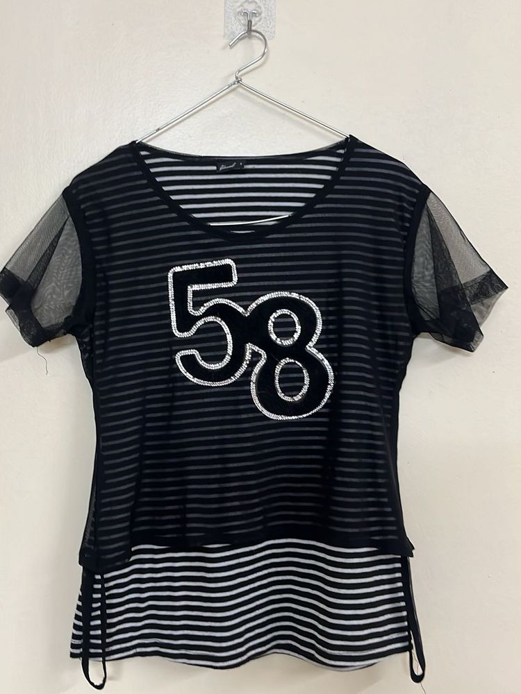 Black Sheer Striped Top with '58' Detail
