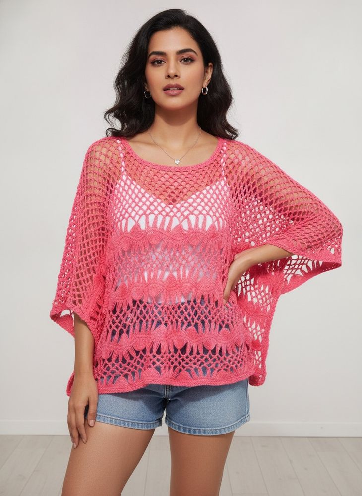 Neon Pink Crochet Poncho Top
