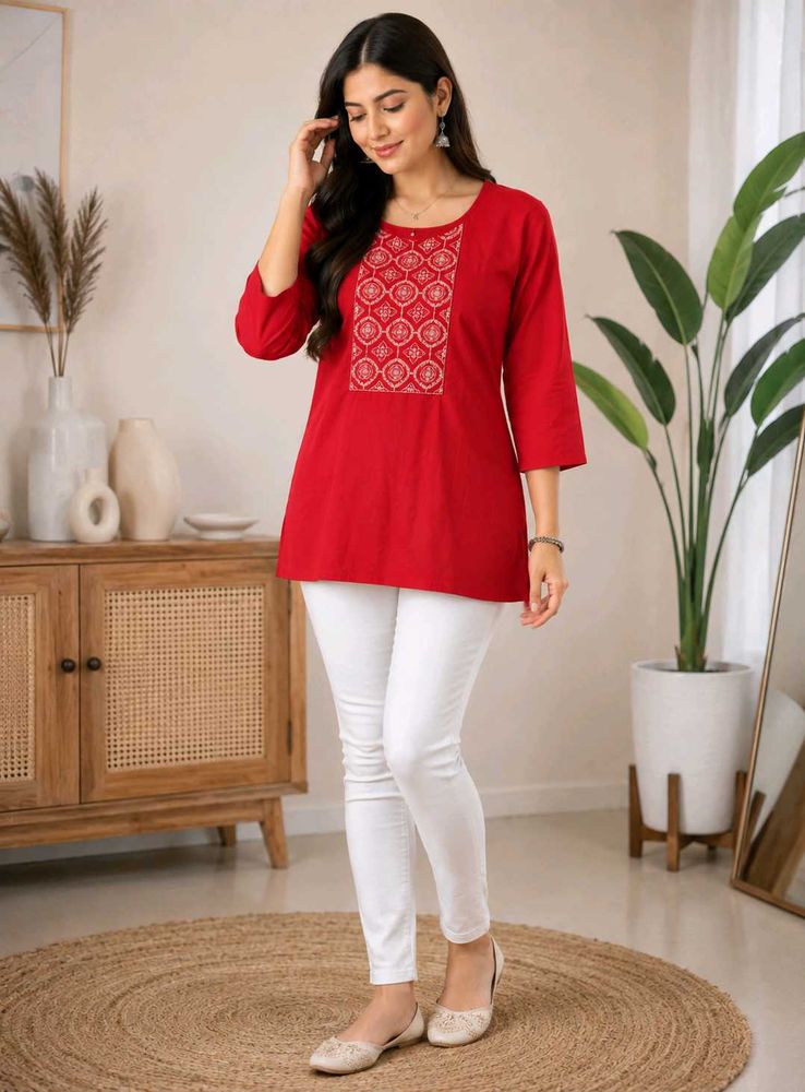 Women's New Red Cotton short Kurti with Tags