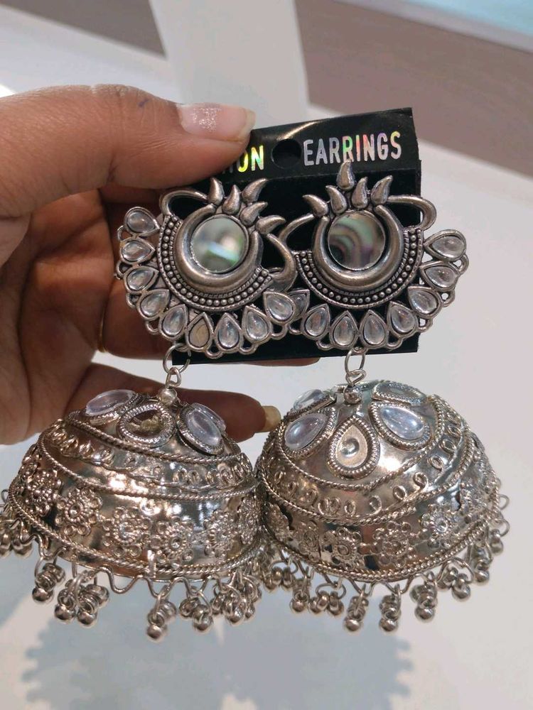 Oxidized Silver Jhumka Earrings