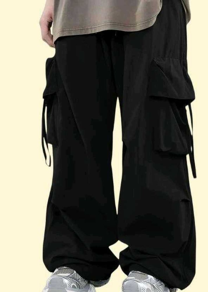 Men's Black Parachute Cargo Pants | Baggy Multi-Po