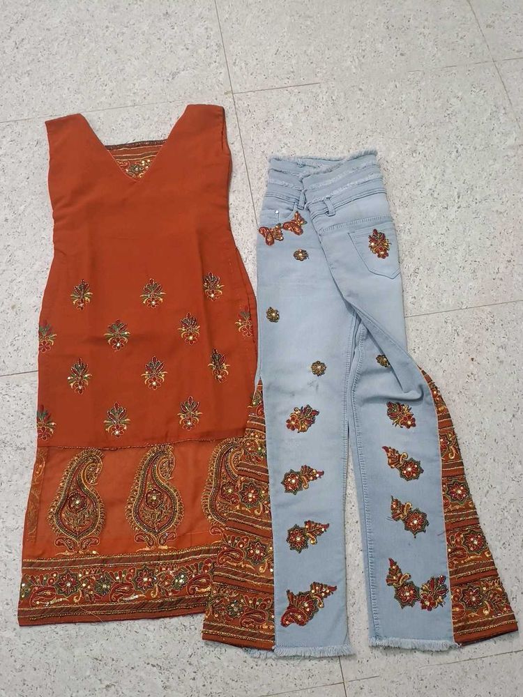 Embroidered Kurti with Jeans Set