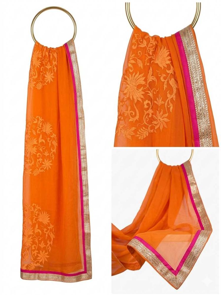 Orange Embroidered Dupatta with Pink Border