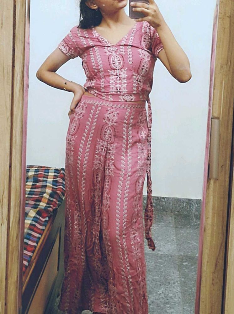 Embroidered print Pink Ethnic coord set