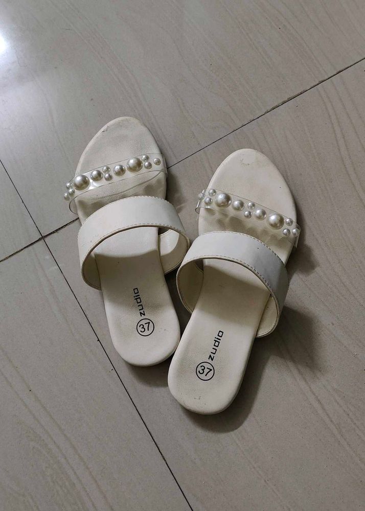 Stylish White Pearl Embellished Slides