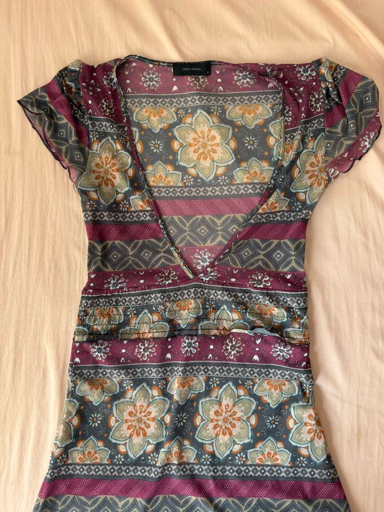 Y2k Boho Floral V-Neck Sheer Top/ dress