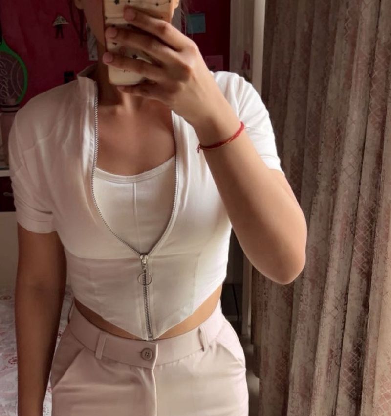 White Zip-Up Crop Top