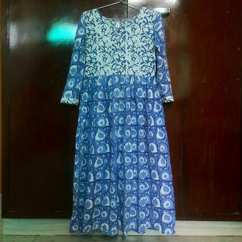 Blue Block Print Anarkali Kurta