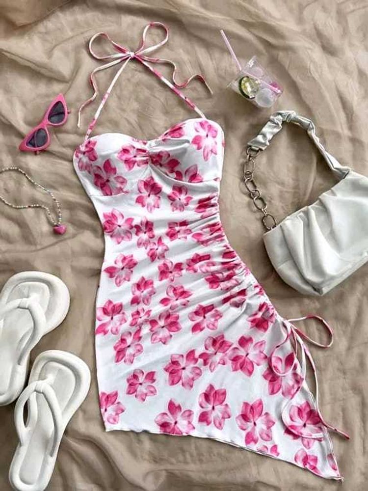 Floral Pink Ruched Halter Neck Mini Dress