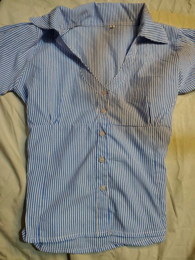 Blue and White Striped Button-Up Top