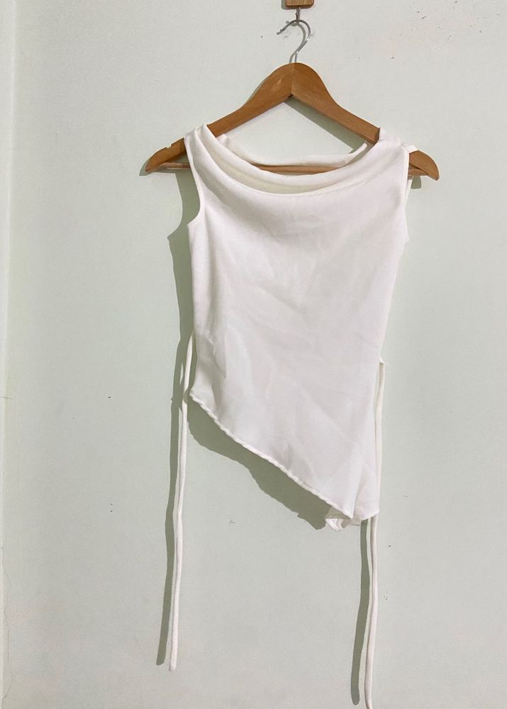 Chic White Asymmetrical Cowlneck Sleeveless Top