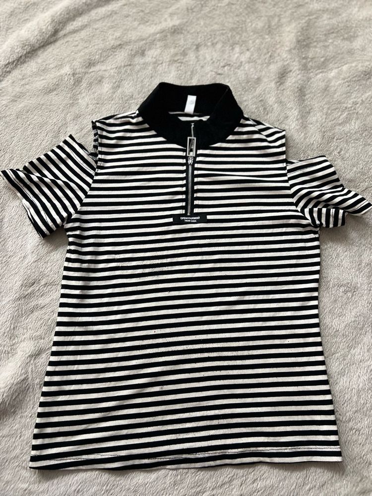 Striped Cold Shoulder Zip-Up Top
