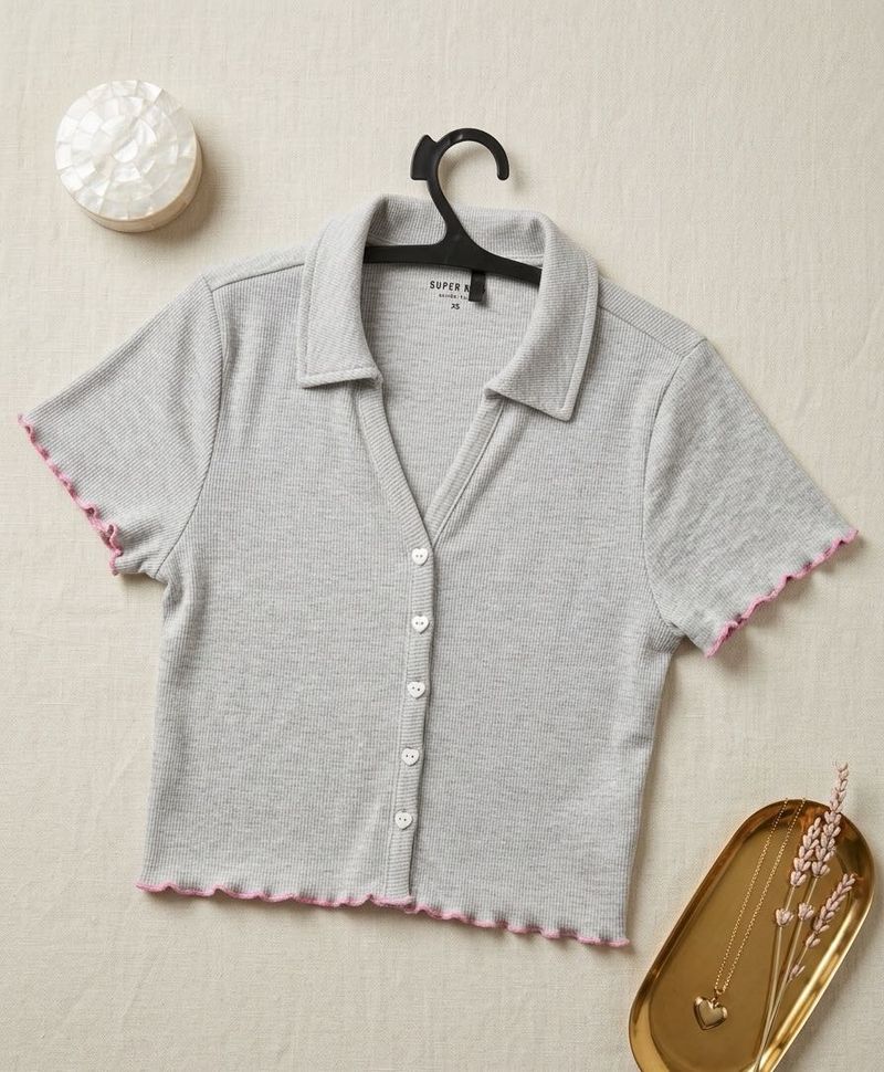 Westside New Cute Grey Collared Cropped Top